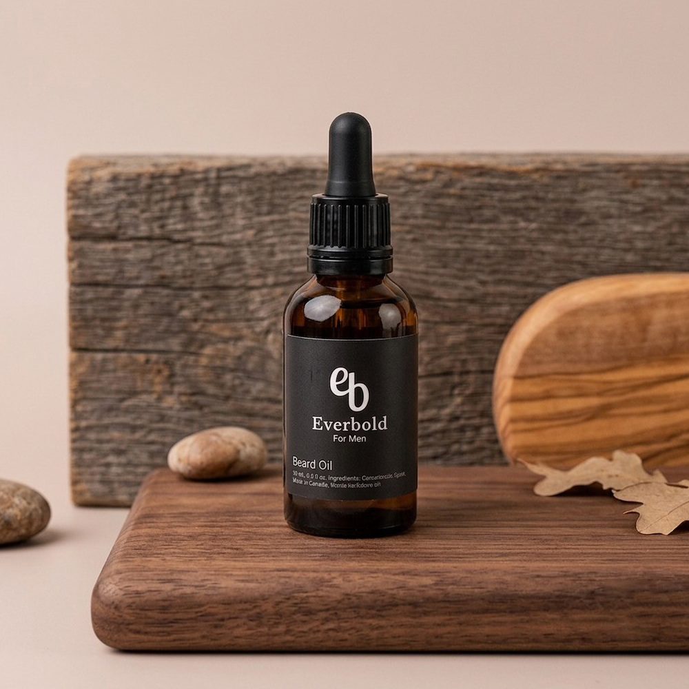 Bottle of Everbold beard oil on a wooden surface with a neutral background