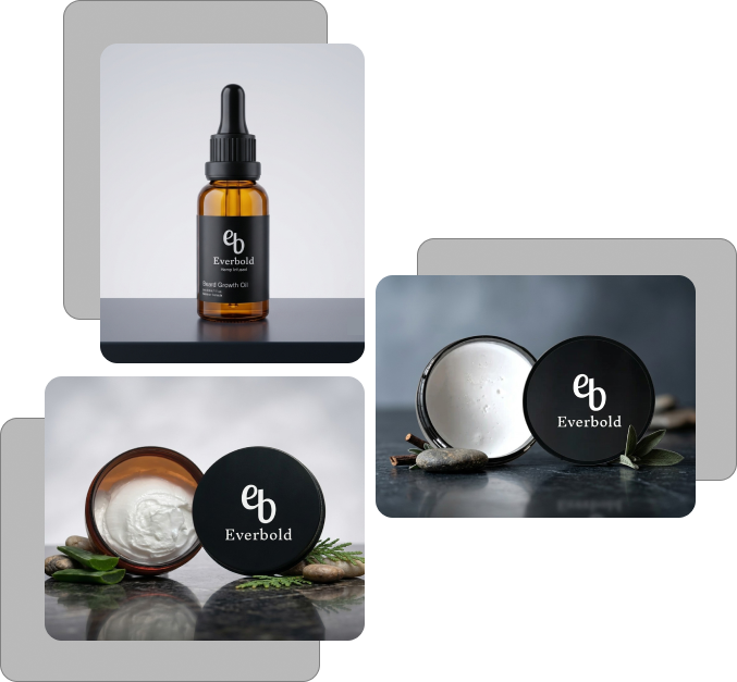 Collage of Everbold skincare products including a bottle, cream, and container on a neutral background.