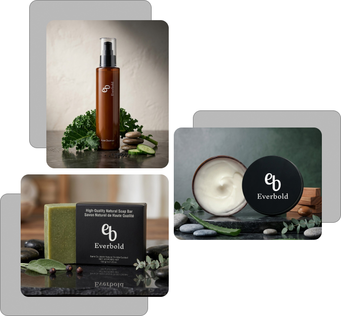 Collage of Everbold skincare products including a bottle, soap bar, and cream on a neutral background.