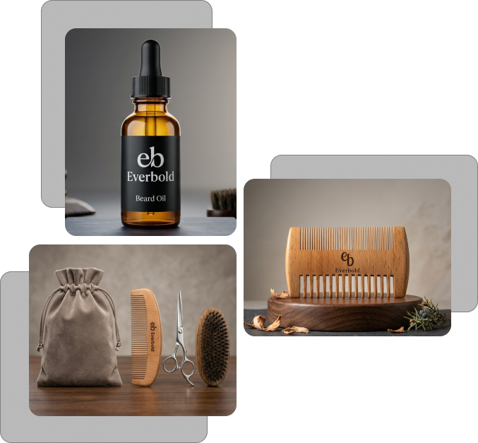 Collage of Everbold beard care products including oil, comb, brush, and pouch.